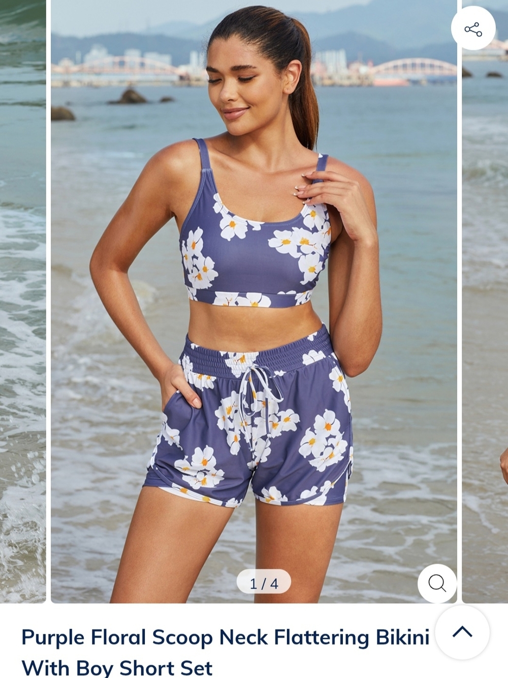 Purple Floral Scoop Neck Bikini Top and Boy Short Set